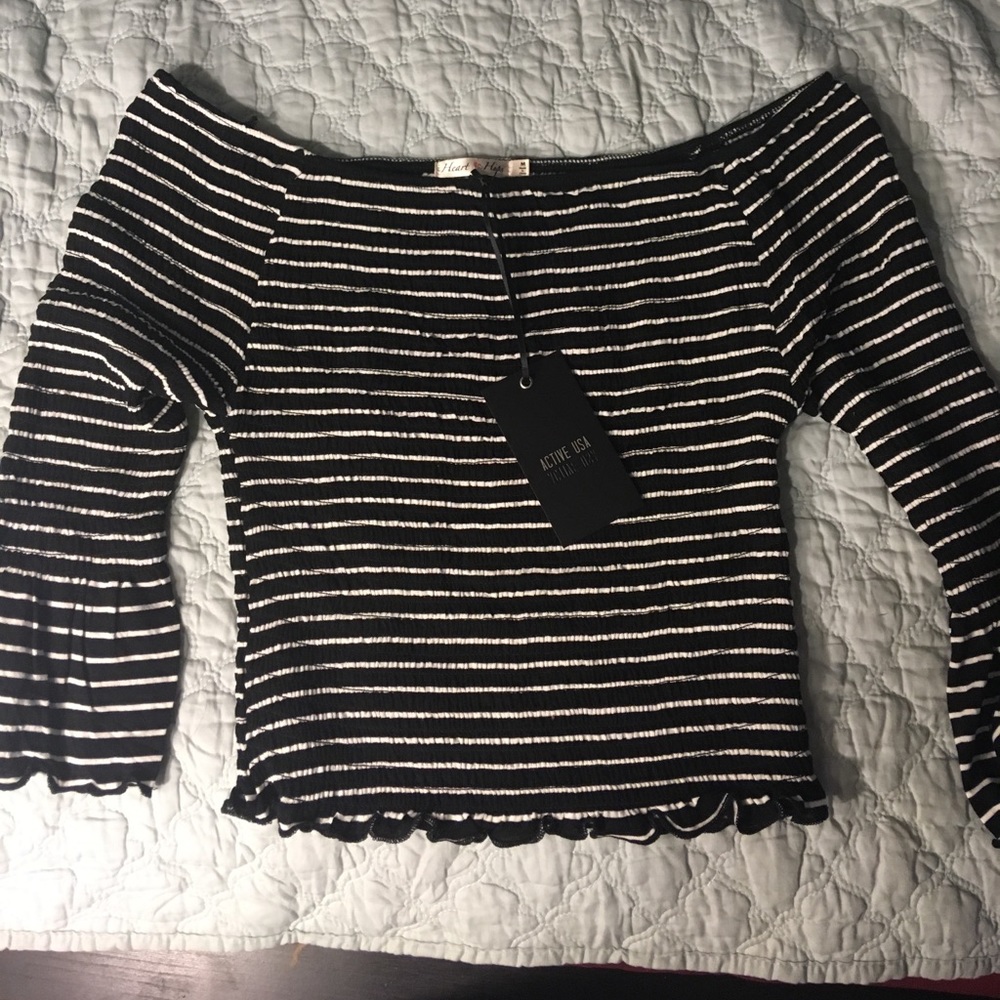 Off the shoulder black and white stripped crop top